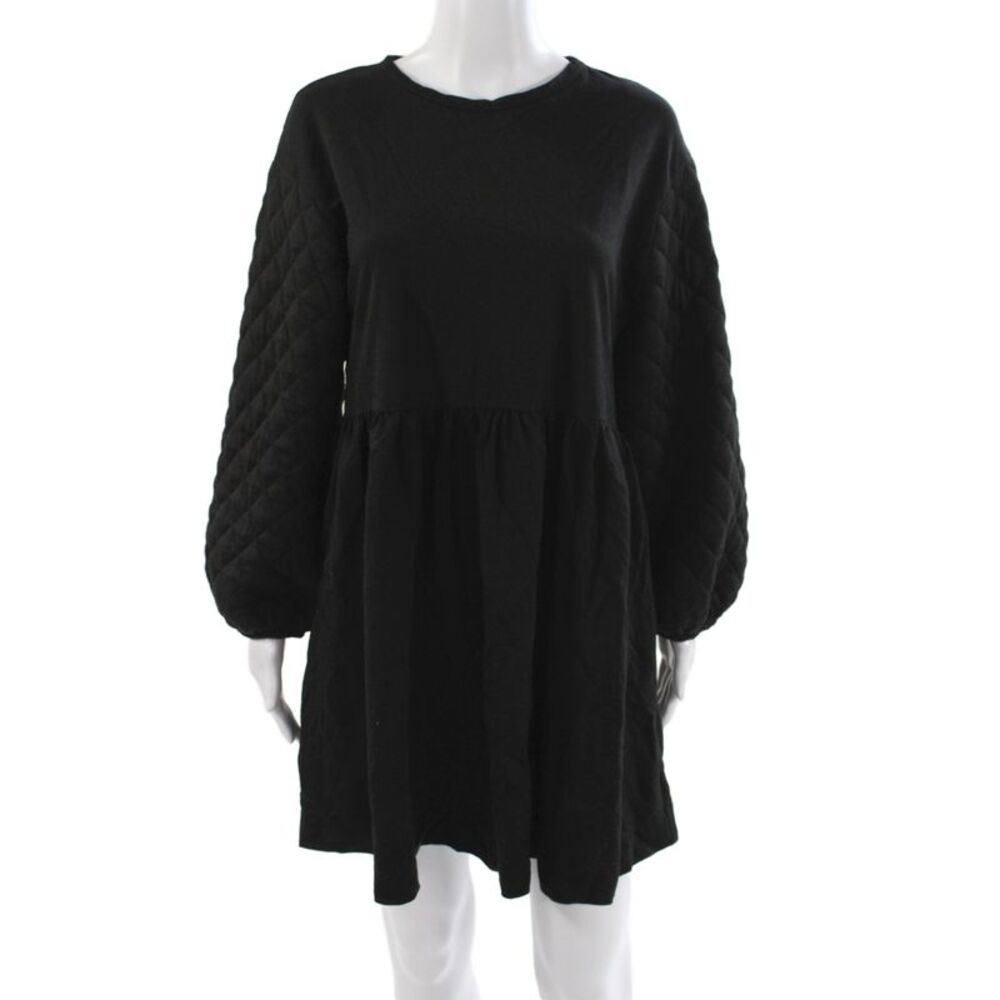 Zara Women Shift Dress Quilted Black Long Sleeve Crew Neck Knee Length Size M